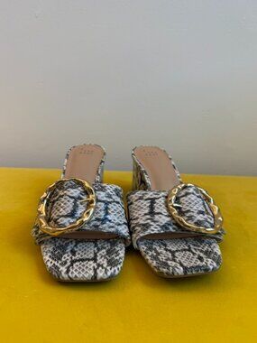A New Day Snakeskin Mule Heels Size 9 Statement Buckle Block Heel